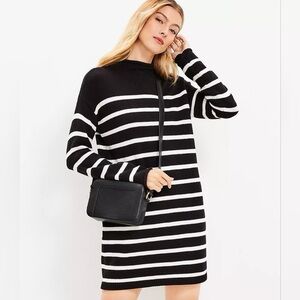 LOFT Striped Drop Shoulder Mock Neck Sweater Dress Black/White